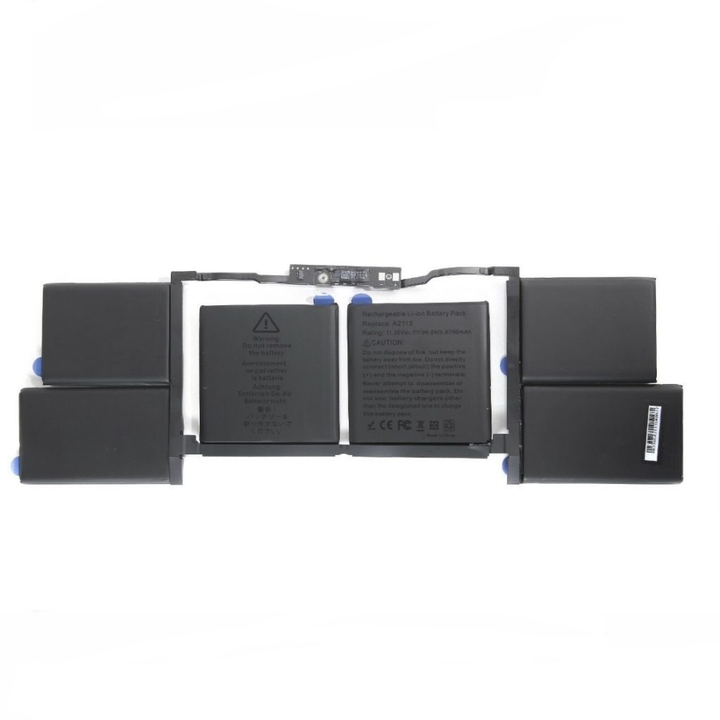 a-front-on-view-of-a-tekdep-a2113-replacement-battery-for-the-16-inch-macbook-pro-a2141-the-black-six-cell-battery-is-displayed-on-a-white-background-with-its-connector-and-labels-visible