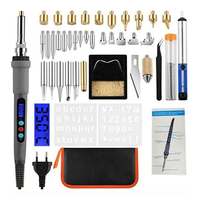 A 40-piece 60W electric soldering iron kit with various accessories and wood burning tools.