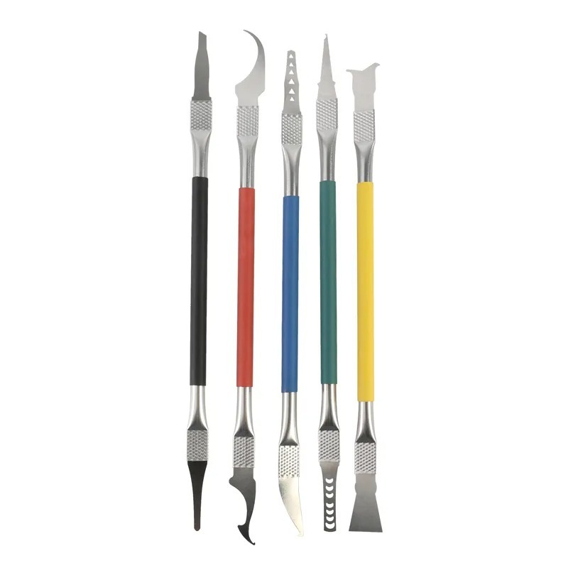 5-in-1 chip repair toolset including thin blade remover knife for disassembling phones, PCs, and processors.