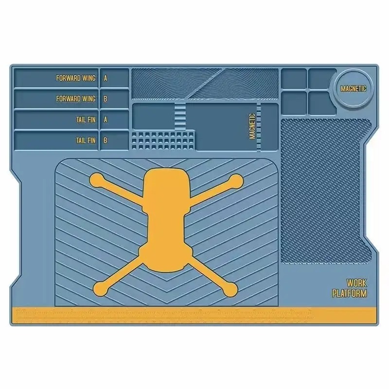 A silicone insulated electronic repair mat designed for drone motherboard repairs, featuring magnetized storage sections for small components.