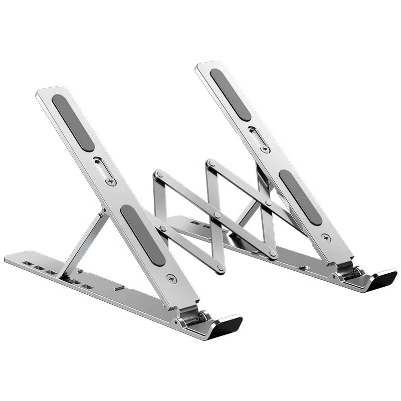 An adjustable aluminum laptop stand with a folding design.
