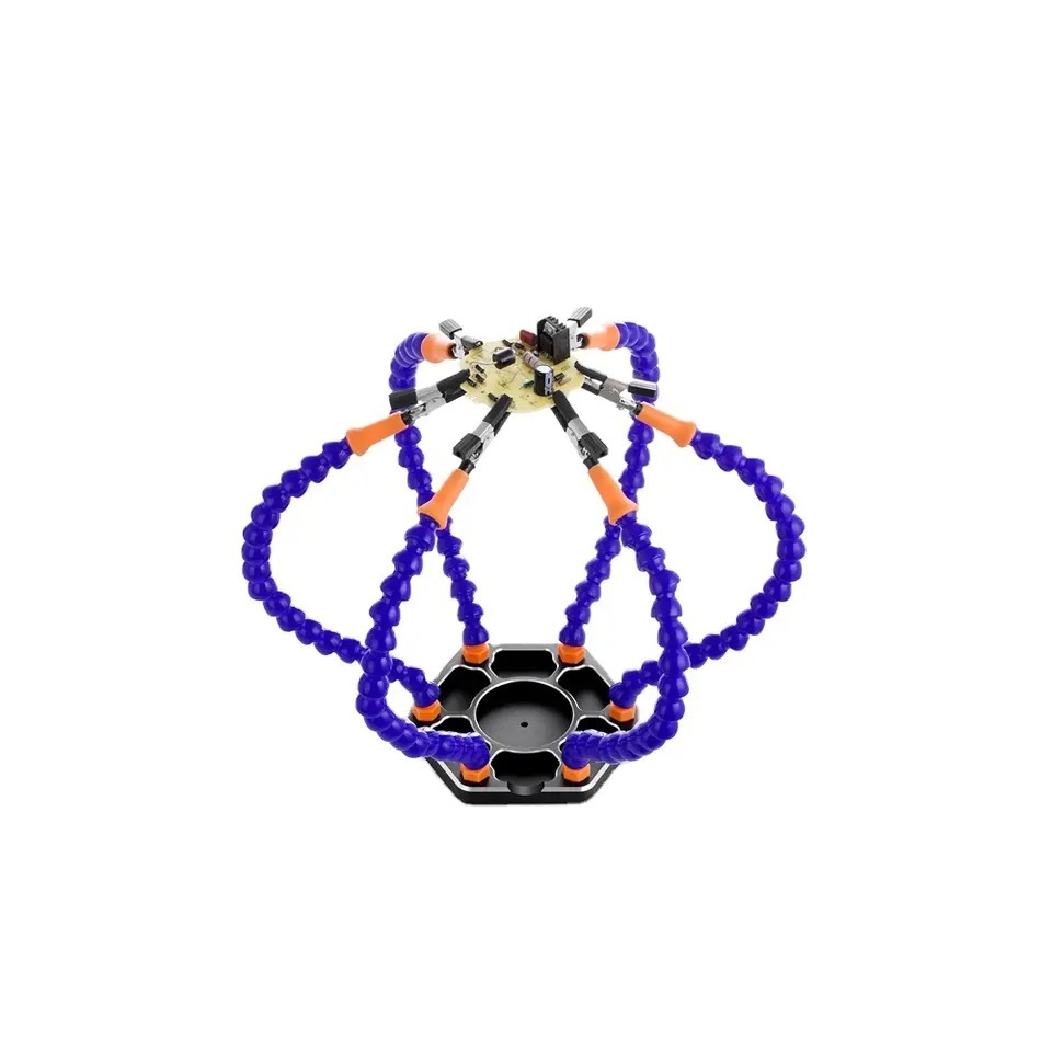 A PCB holder with six flexible alligator clips and adjustable arms for soldering.
