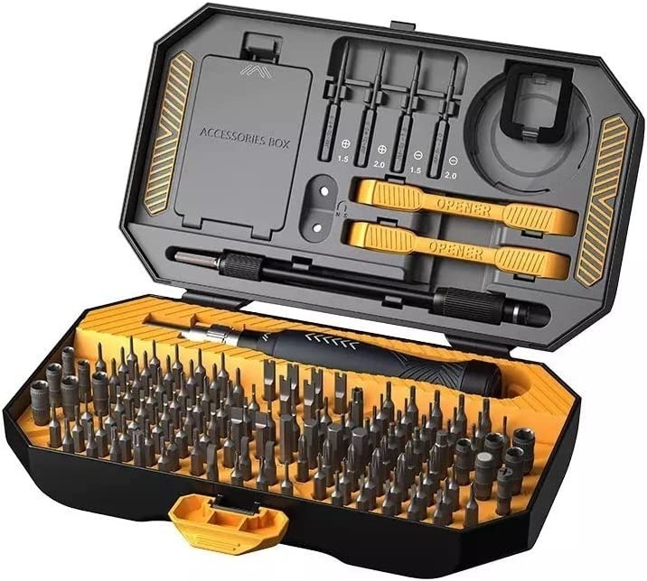 A 145-in-1 steel bit precision magnetic screwdriver tool set with a case, designed for repairing phones, PCs, and electronics.