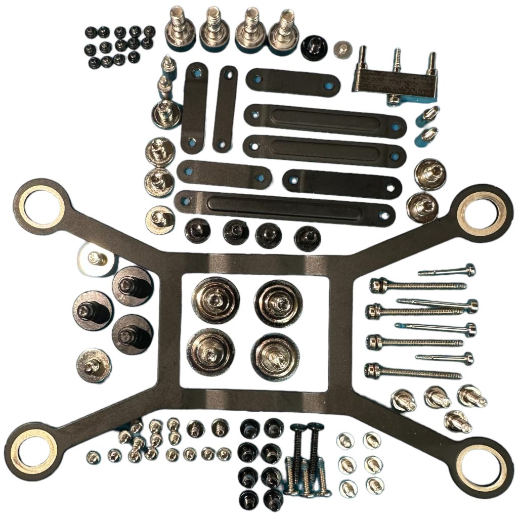 A2615 M1 Max Mac Studio complete internal hardware and bracket set displayed neatly on a surface.
