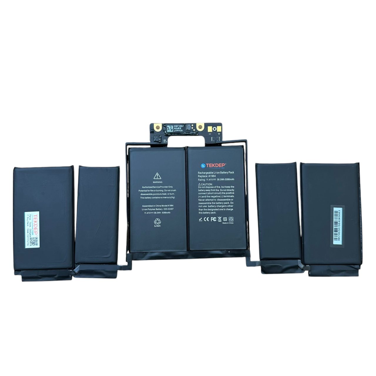 a-replacement-battery-for-a-macbook-pro-13-inch-a2251,-with-six-black-battery-cells-connected-to-a-circuit-board.-the-center-cells-have-product-labels-with-brand-names-and-a-warning-about-potential-fire-or-explosion.