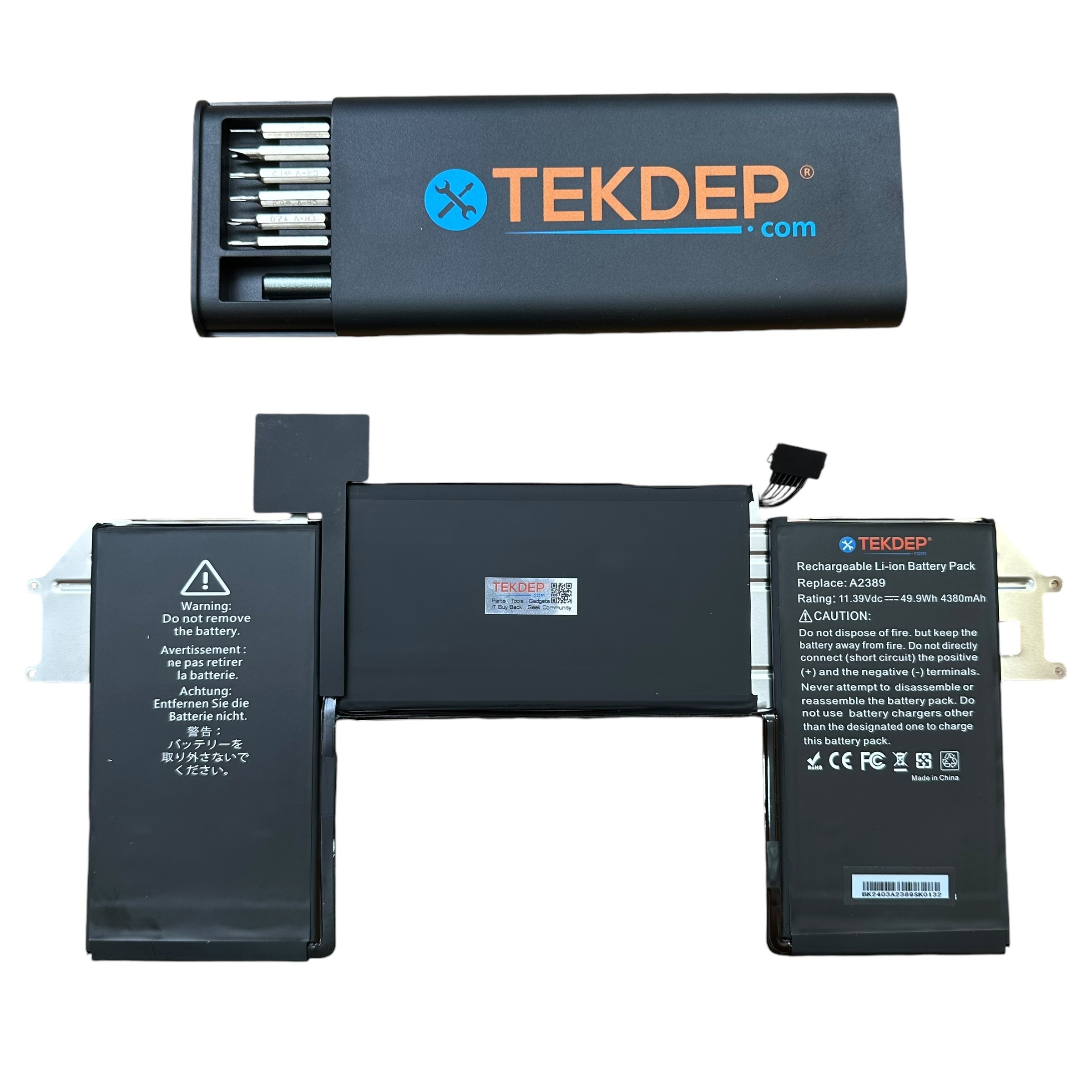 a-tekdep-brand-a2389-replacement-battery-for-the-a2337-macbook-air-13-inch-2020-model-shown-on-a-white-background-alongside-a-black-tekdep-precision-screwdriver-toolkit-required-for-installation