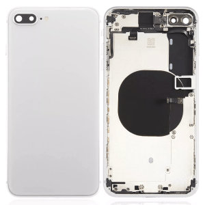 Silver back housing with pre-installed small components for iPhone 8 Plus A1864 2017 model.