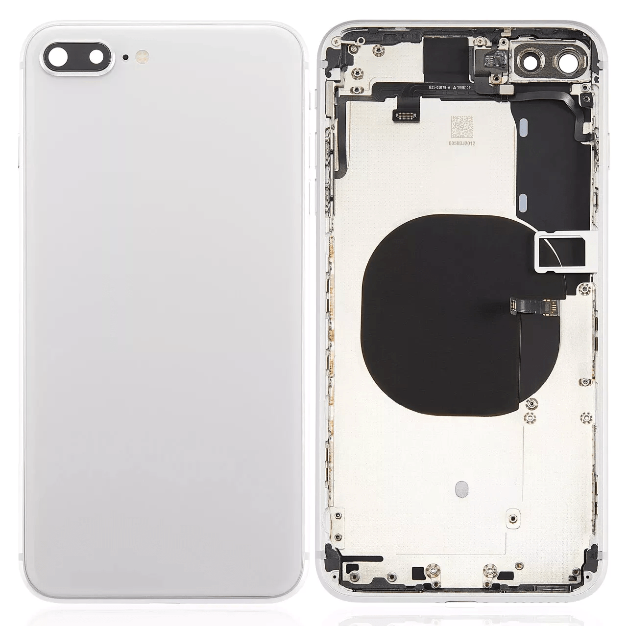 Silver back housing with pre-installed small components for iPhone 8 Plus A1864 2017 model.