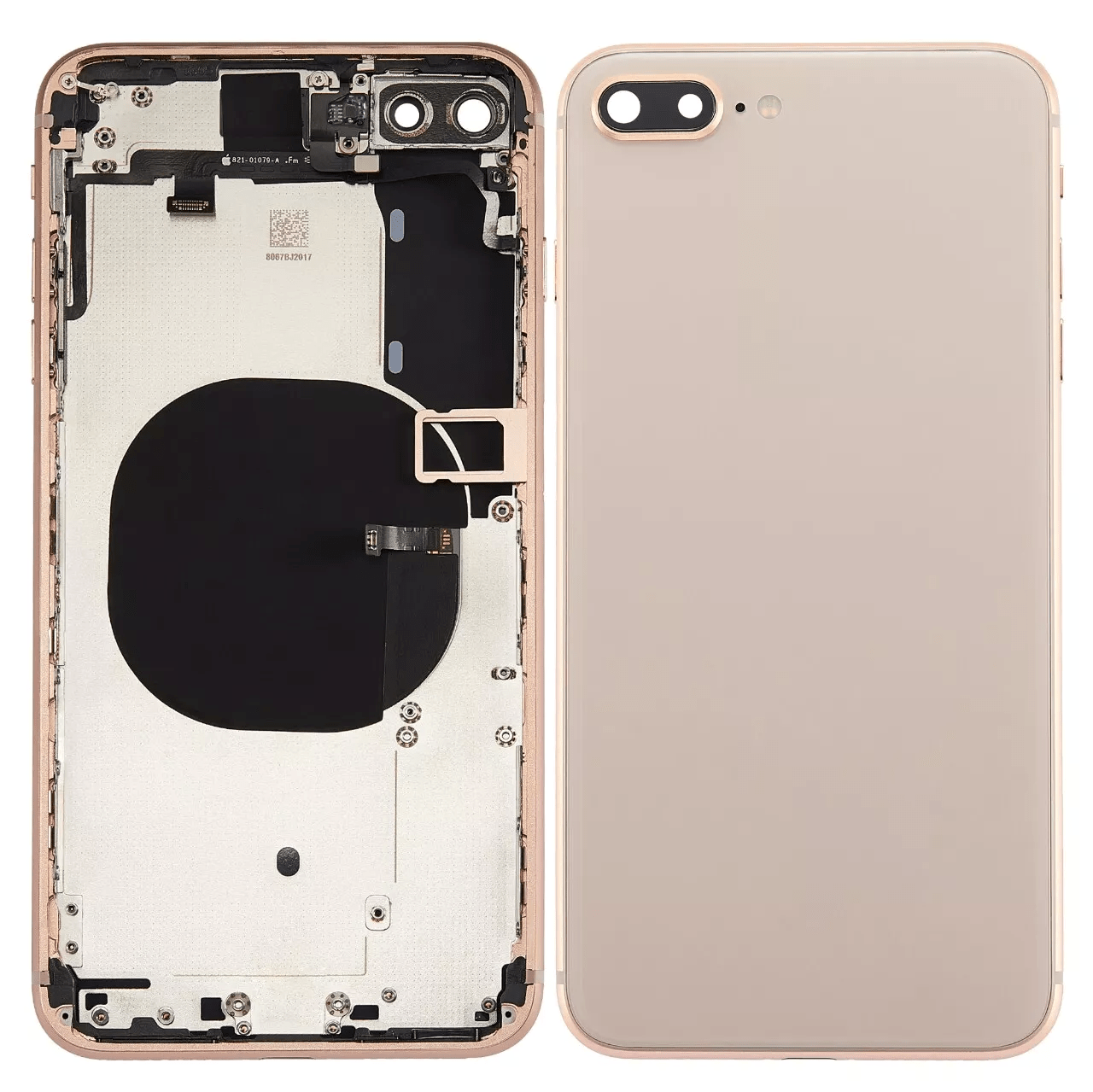 Gold back housing with pre-installed small components for iPhone 8 Plus A1864 2017 model.