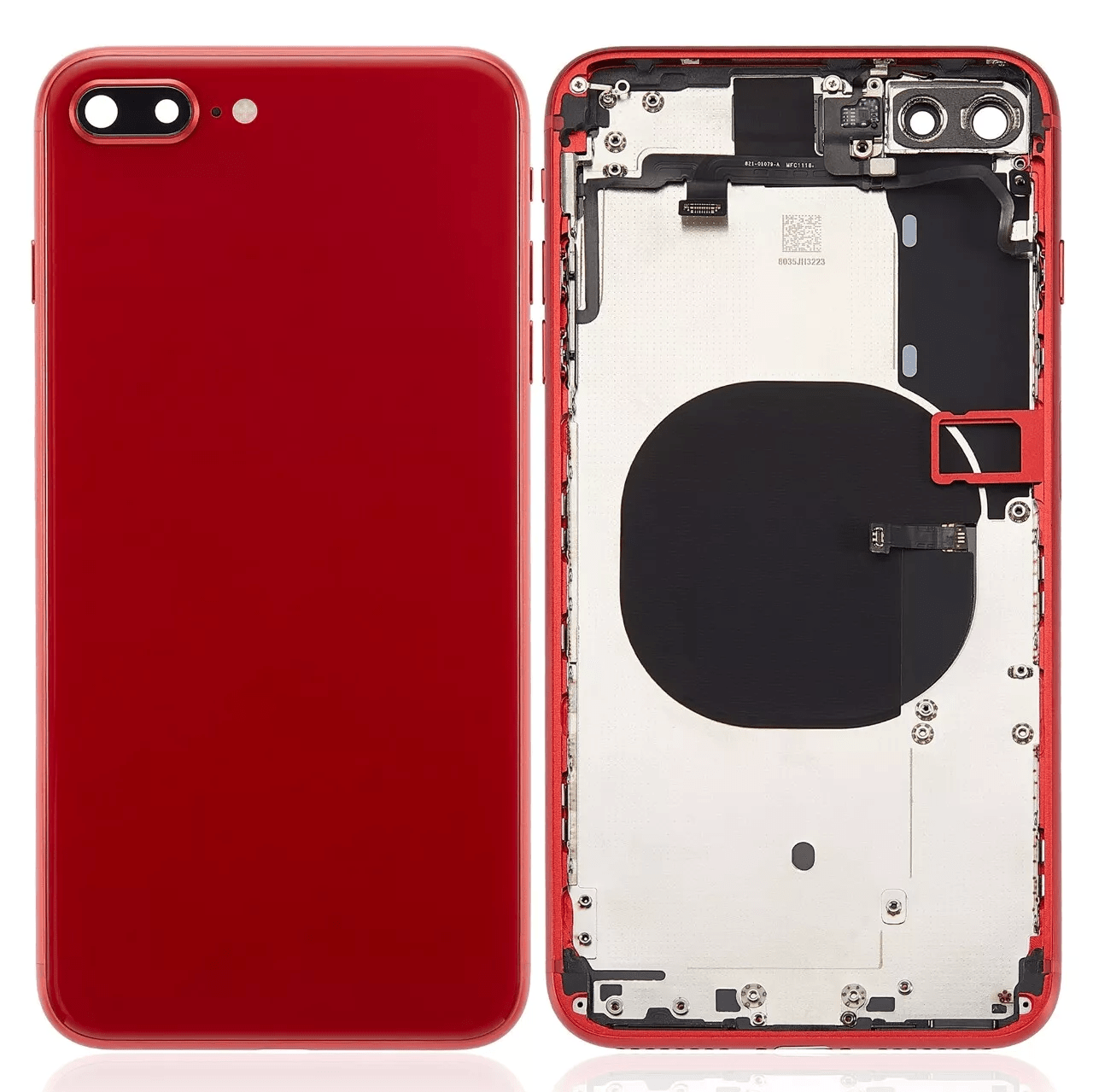 Red replacement back housing with pre-installed small components for iPhone 8 Plus A1864 (2017), no logo.