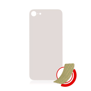 Gold back glass replacement with 3M adhesive for iPhone SE A2296 2020 / 8, featuring a large camera hole and no logo.