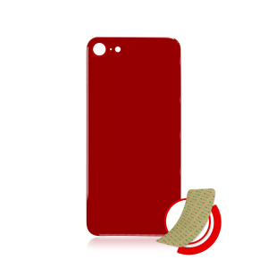 Red back glass replacement with 3M adhesive for iPhone SE A2296 2020 / 8, featuring a large camera hole and no logo.