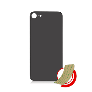 Space Gray back glass replacement with 3M adhesive for iPhone SE A2296 2020 / 8, featuring a large camera hole and no logo.