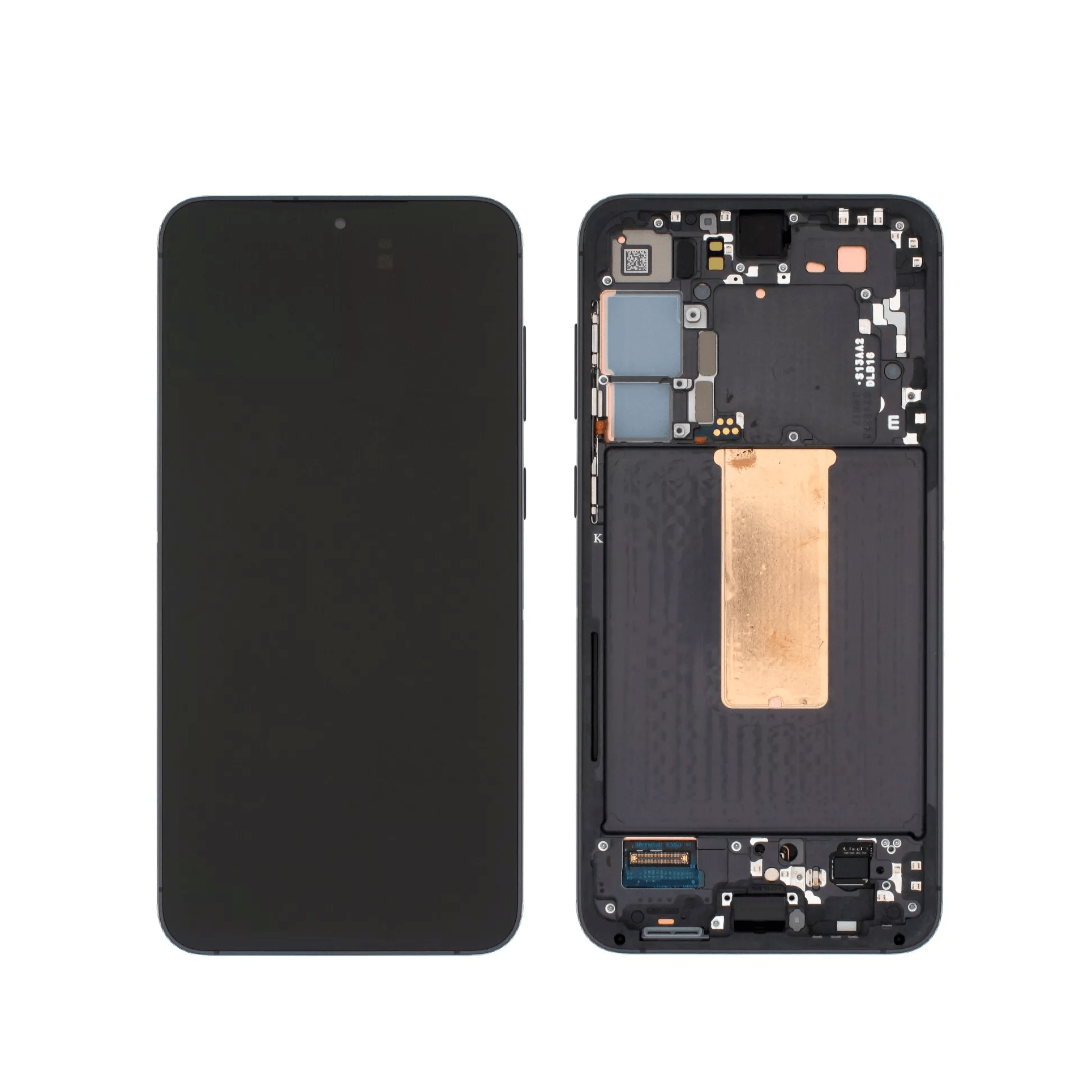 Black replacement OLED screen assembly with frame for Samsung Galaxy S23 Plus smartphone.