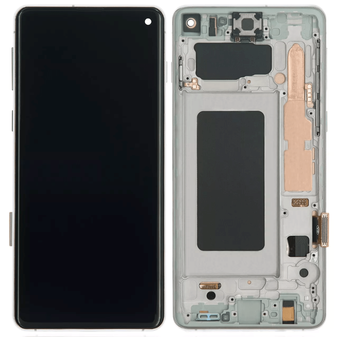 Samsung Galaxy S10 LCD Assembly in Prism White without fingerprint sensor.