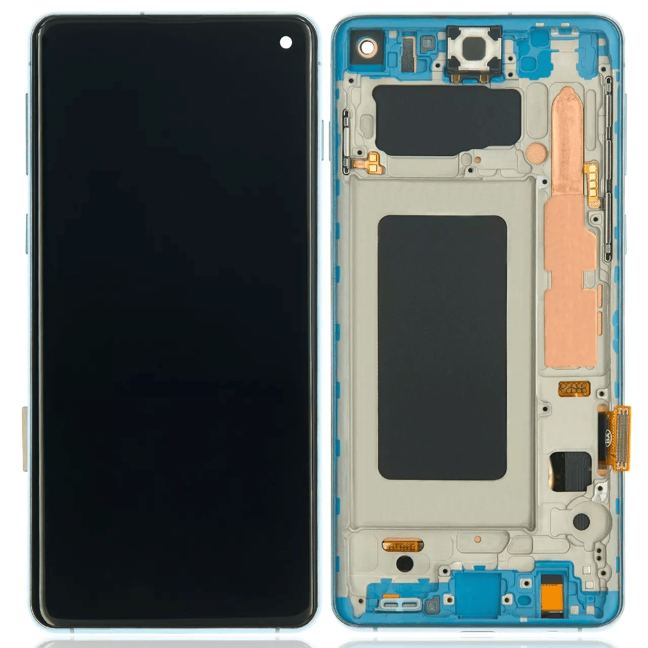 Samsung Galaxy S10 LCD Assembly in Prism Blue without fingerprint sensor.