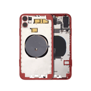 Red iPhone 11 A2111 back housing with small components.