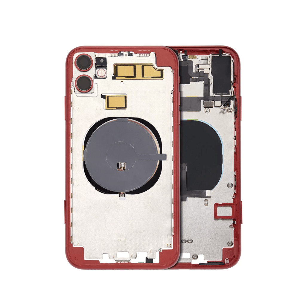 Red iPhone 11 A2111 back housing with small components.