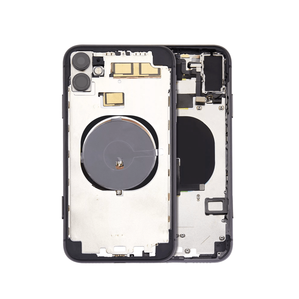 Black iPhone 11 A2111 back housing with small components.