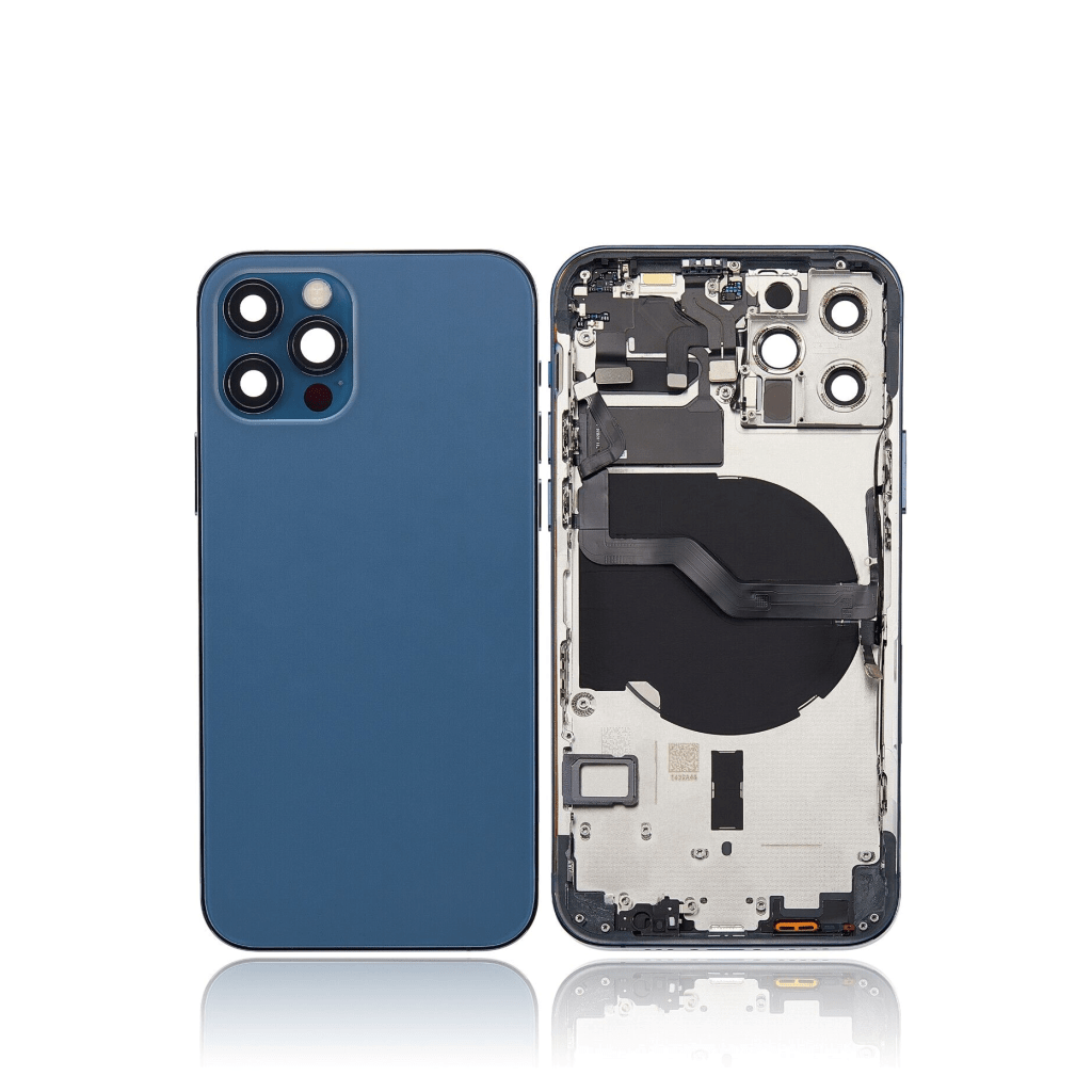 New back housing with small components pre-installed for iPhone 12 Pro A2341 (US Version) in Pacific Blue.