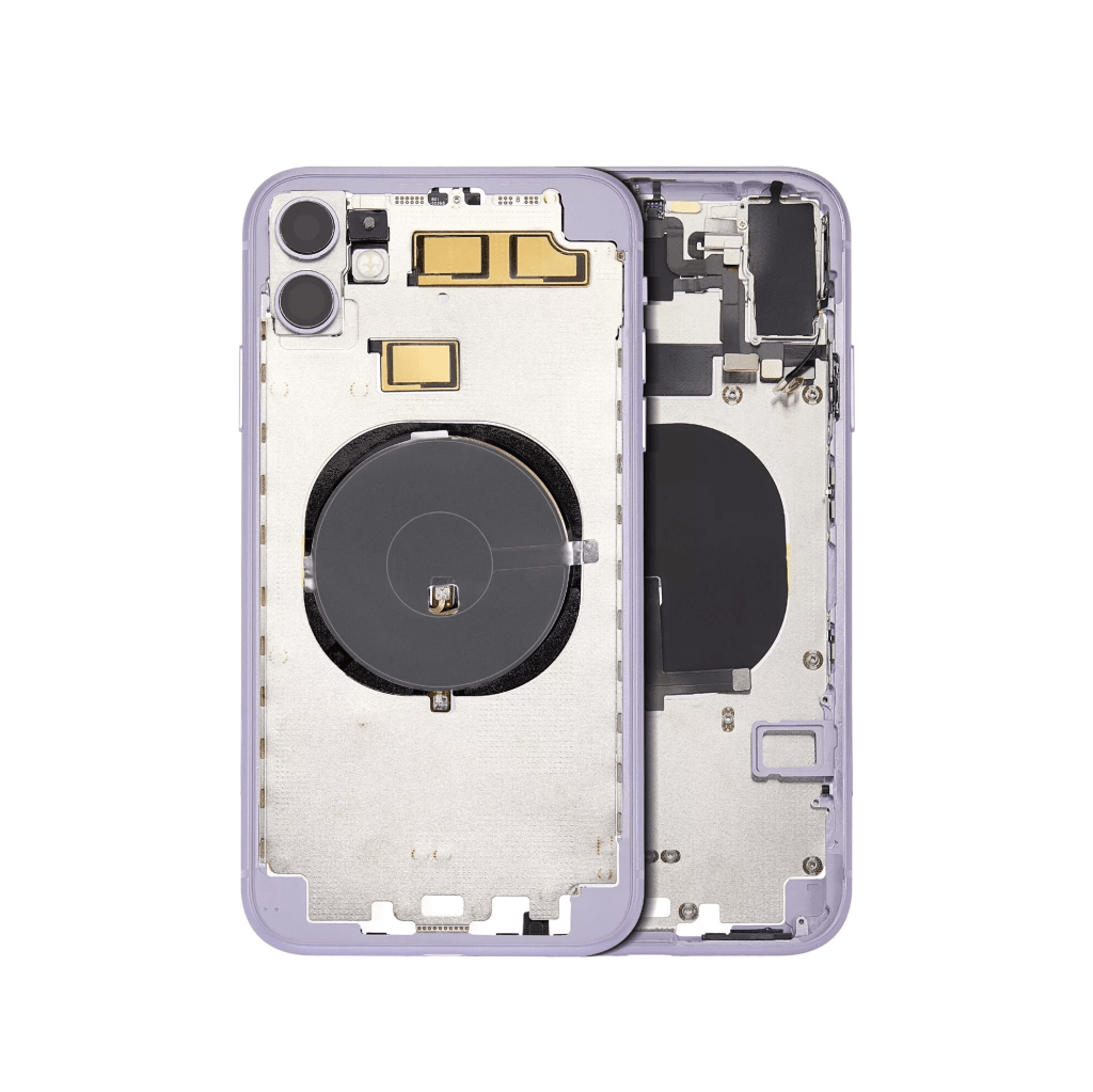 Purple iPhone 11 A2111 back housing with small components.