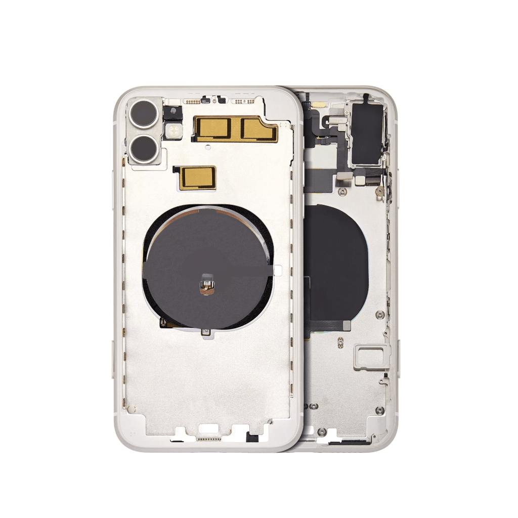 White iPhone 11 A2111 back housing with small components.