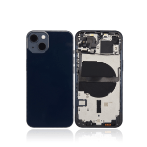 Back housing with small components pre-installed for iPhone 13 A2482 (US Version) in Midnight color.