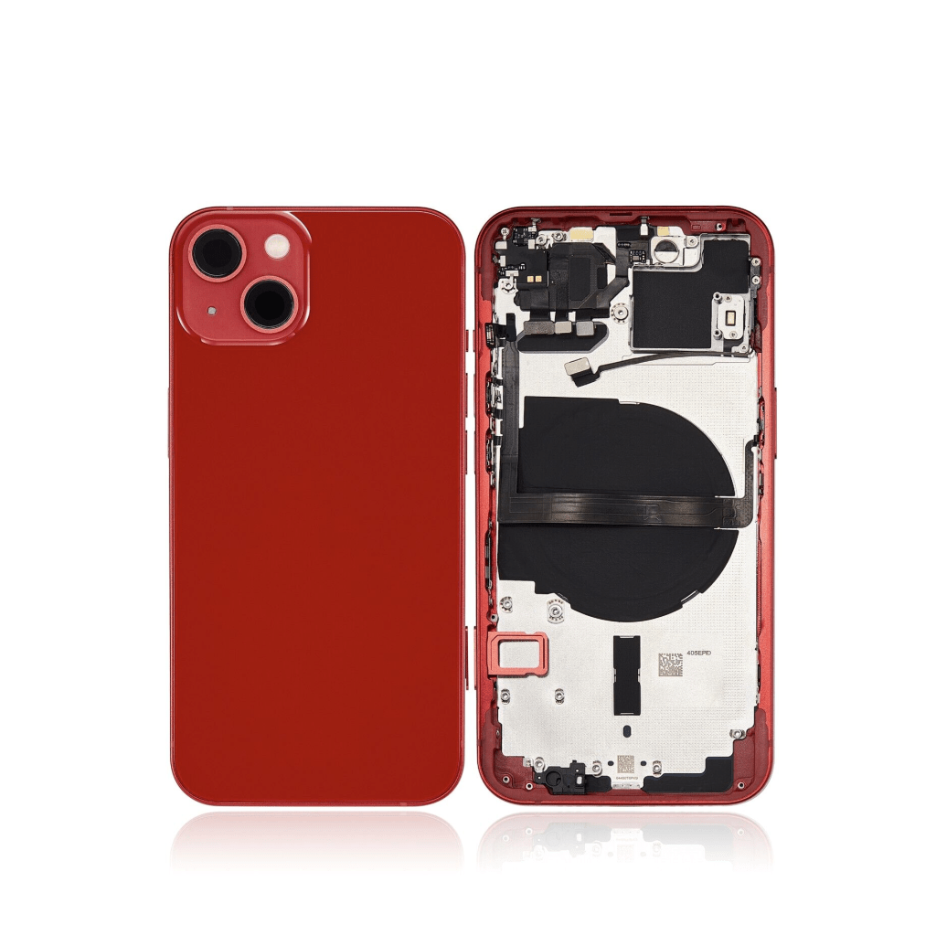 Back housing with small components pre-installed for iPhone 13 A2633 (International Version) in red.