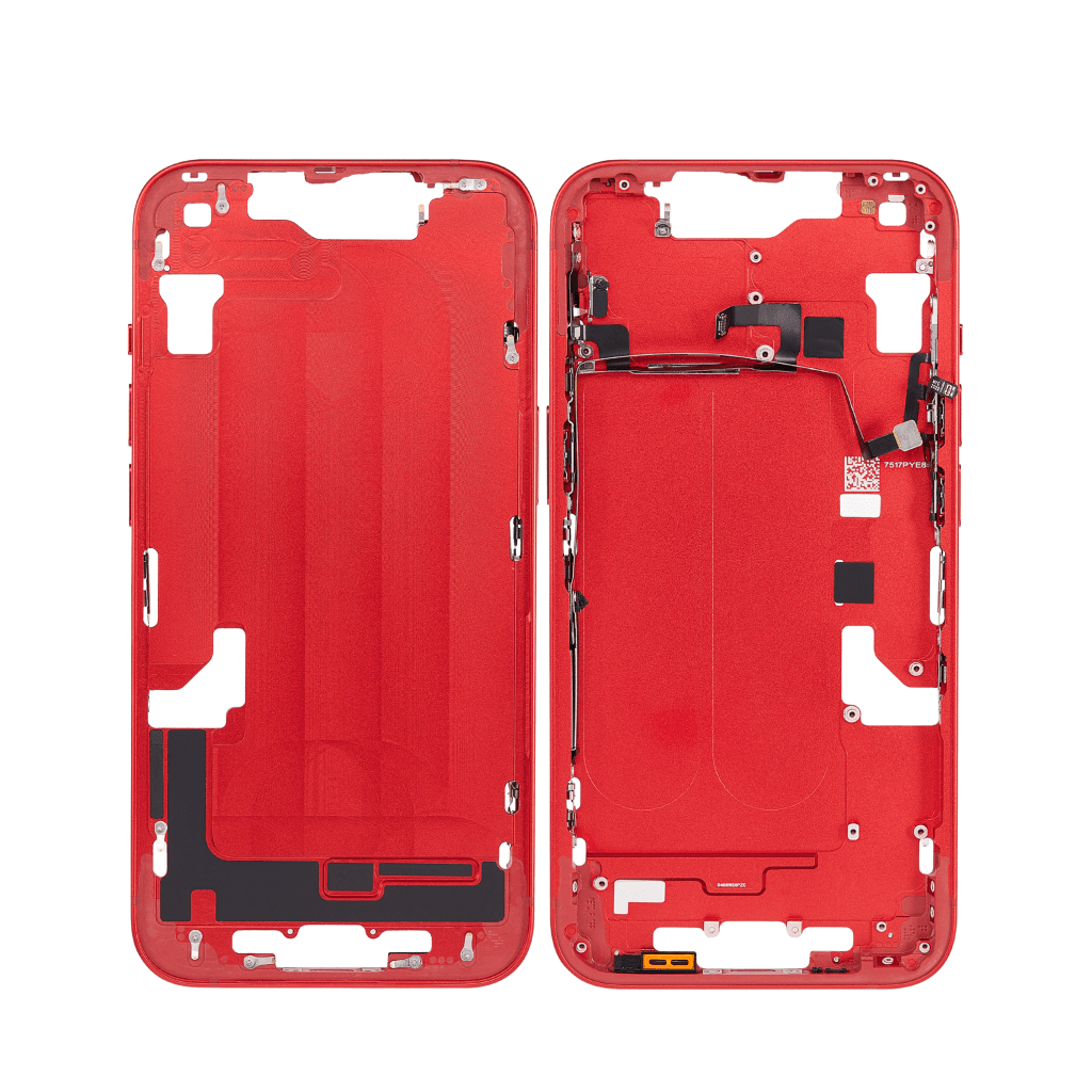 Red iPhone 14 A2649 mid-frame housing.