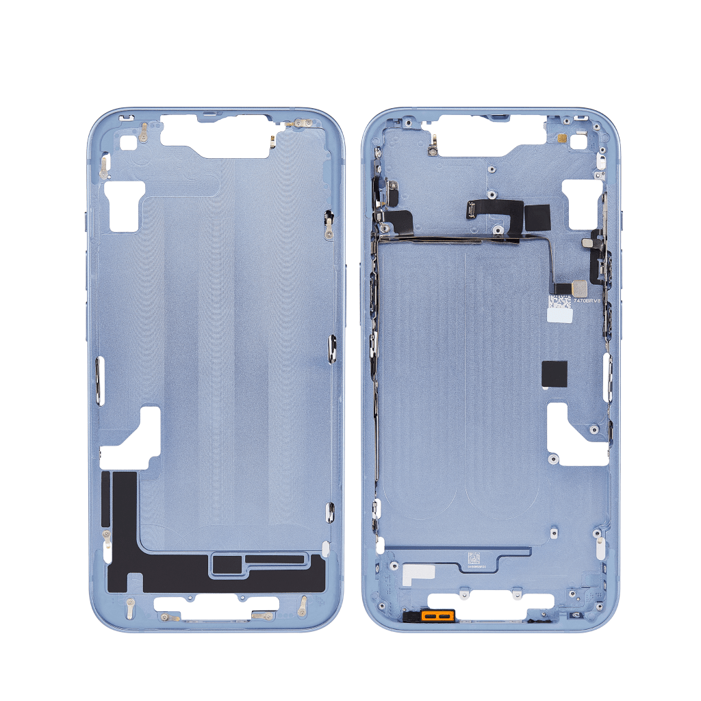 Blue iPhone 14 A2649 mid-frame housing.
