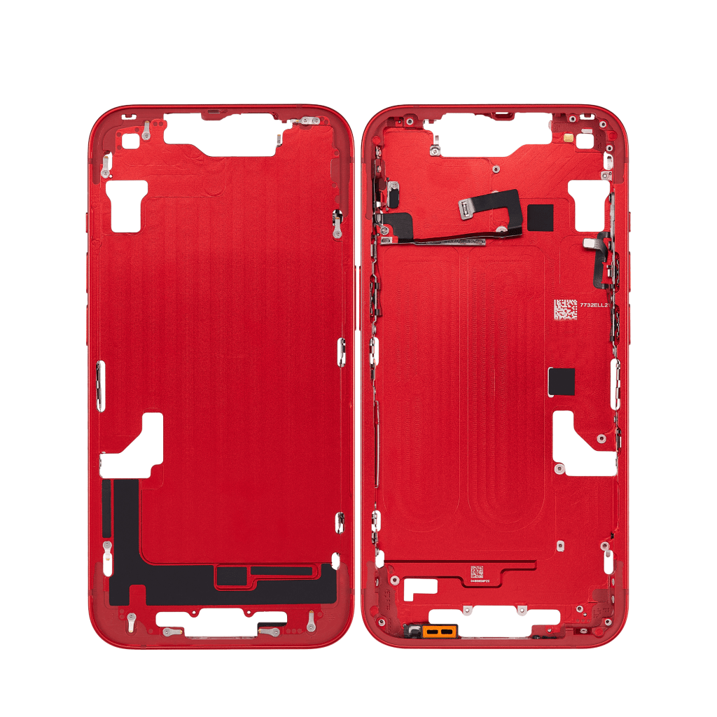 Red iPhone 14 A2882 mid-frame housing.