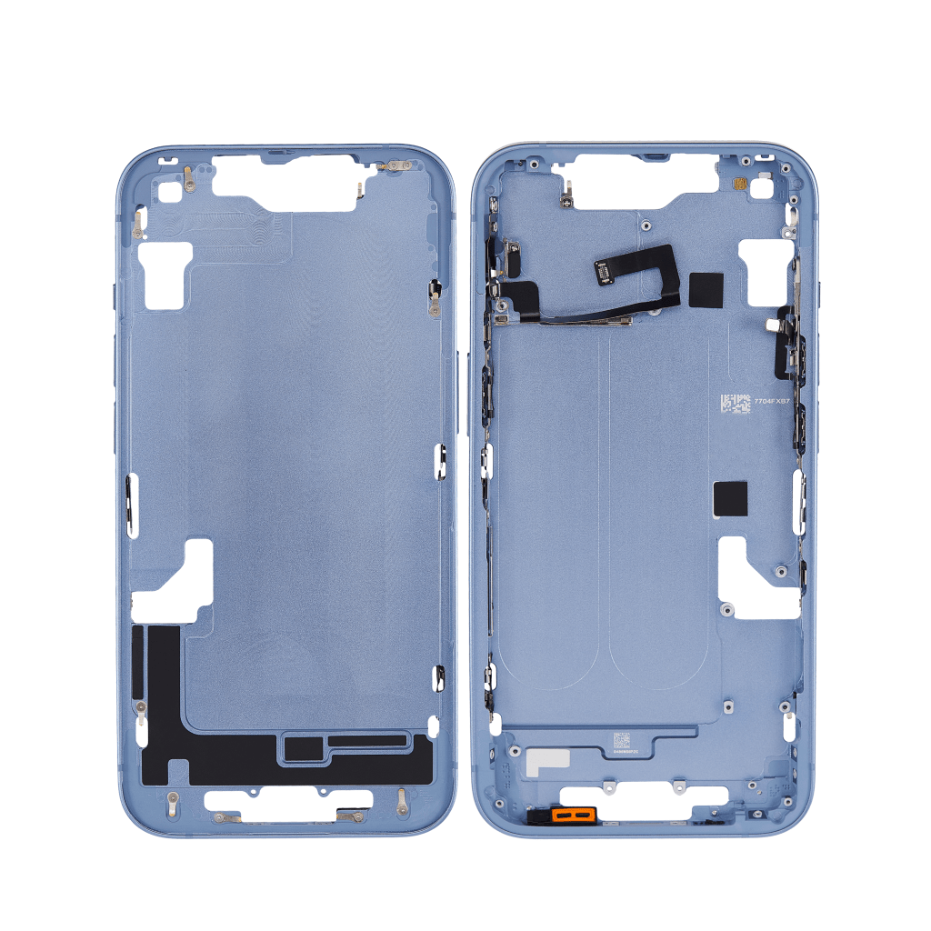 Blue iPhone 14 A2882 mid-frame housing.
