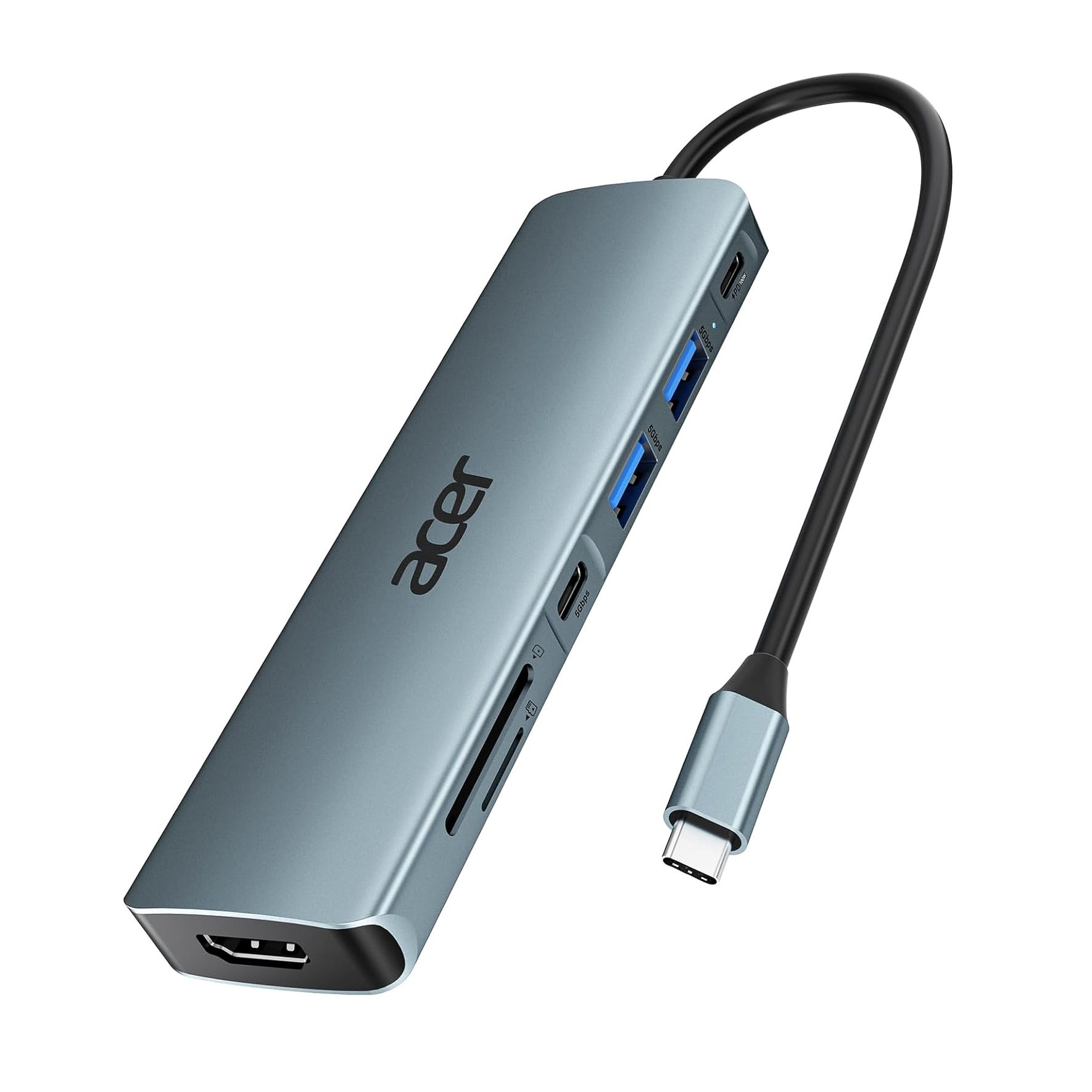 Acer 7-in-1 USB C Hub with HDMI, PD charging, and data transfer ports for MacBook and USB-C devices.