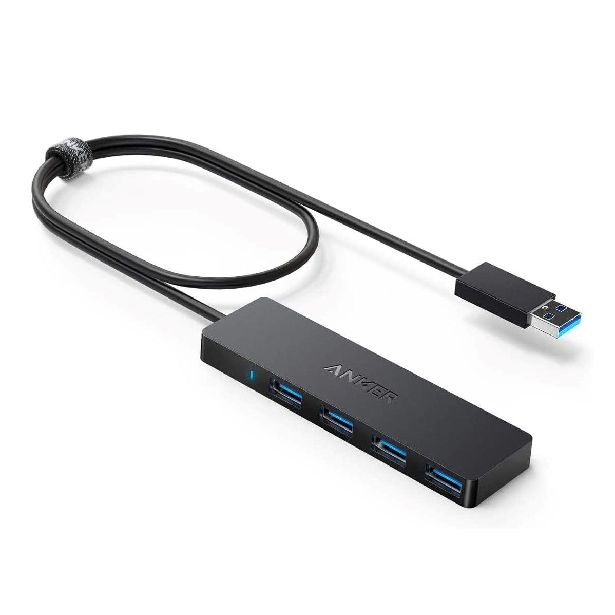 Anker 4-Port USB 3.0 Hub with 5Gbps data transfer, ultra-slim design, and 2ft cable for desktop and laptop use.