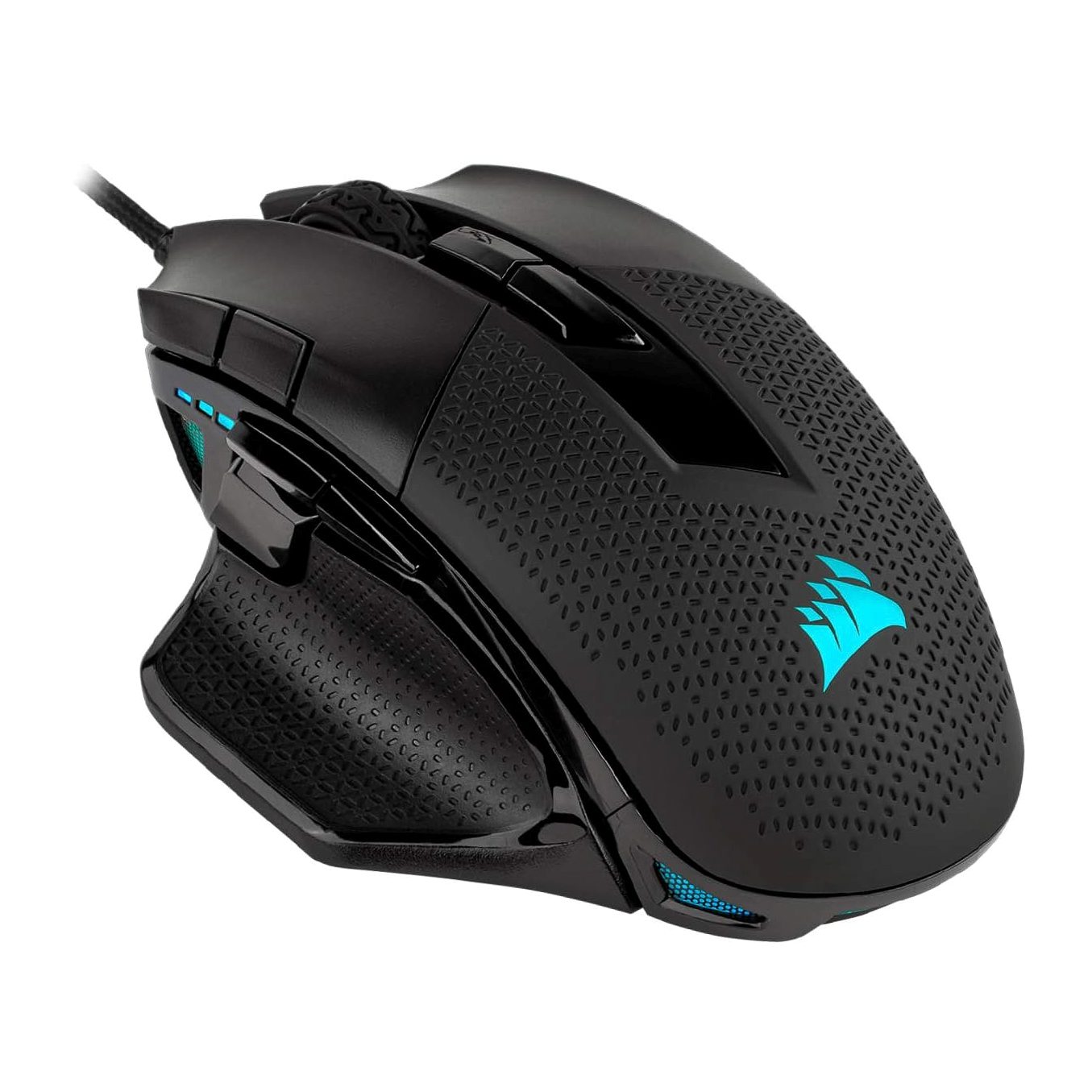 CORSAIR NIGHTSWORD RGB Gaming Mouse with 18,000 DPI sensor and tunable weight system.