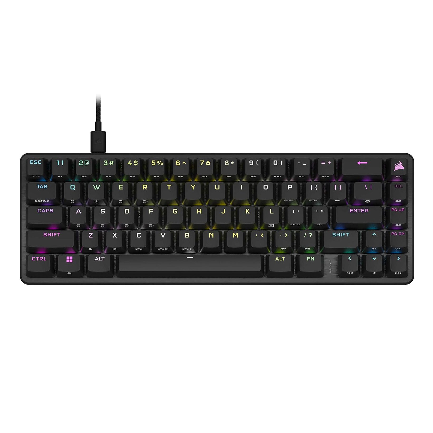 Corsair K65 PRO MINI RGB 65% Gaming Keyboard with OPX switches, durable keycaps, and customizable RGB lighting.