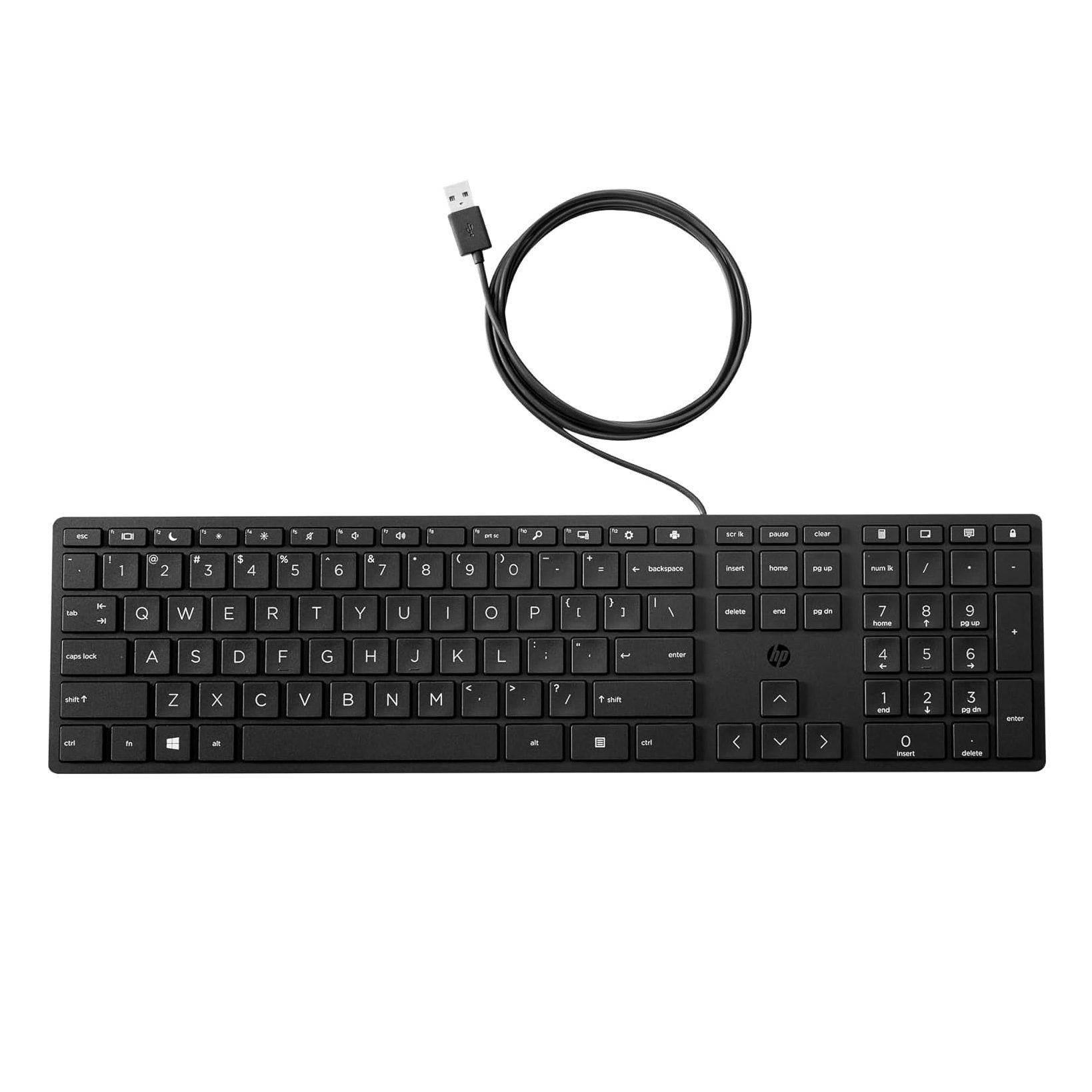 HP 320K Wired Keyboard with a full-size layout and quiet keys.