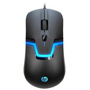 HP M100 Wired RGB Gaming Mouse with 7 color LED lighting and 1200 DPI precision.