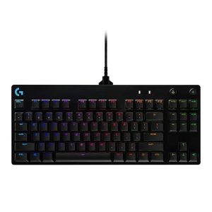Logitech G PRO Mechanical Gaming Keyboard with GX Blue switches, RGB backlighting, and detachable cable.