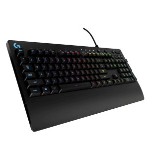Logitech G213 Prodigy Gaming Keyboard with RGB lighting, spill-resistant build, and media controls.