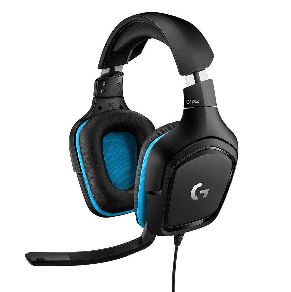 Logitech G432 Wired Gaming Headset with 7.1 surround sound, DTS Headphone:X 2.0, and leatherette ear pads.
