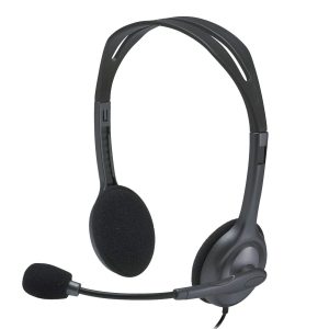 Logitech H111 Wired Stereo Headset with noise-canceling microphone and 3.5 mm audio jack.