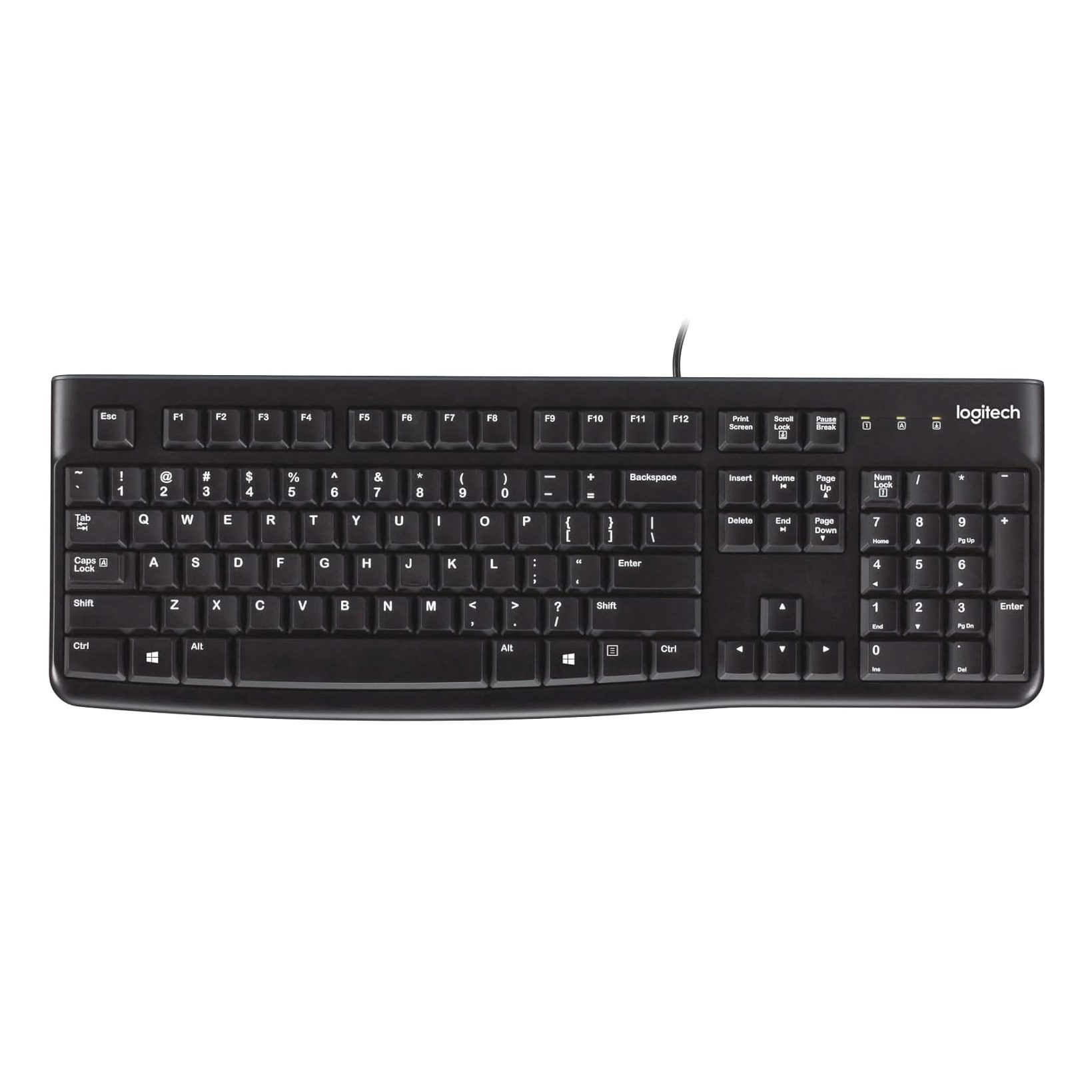 Logitech K120 Wired Keyboard has a full-size layout and spill-resistant design.