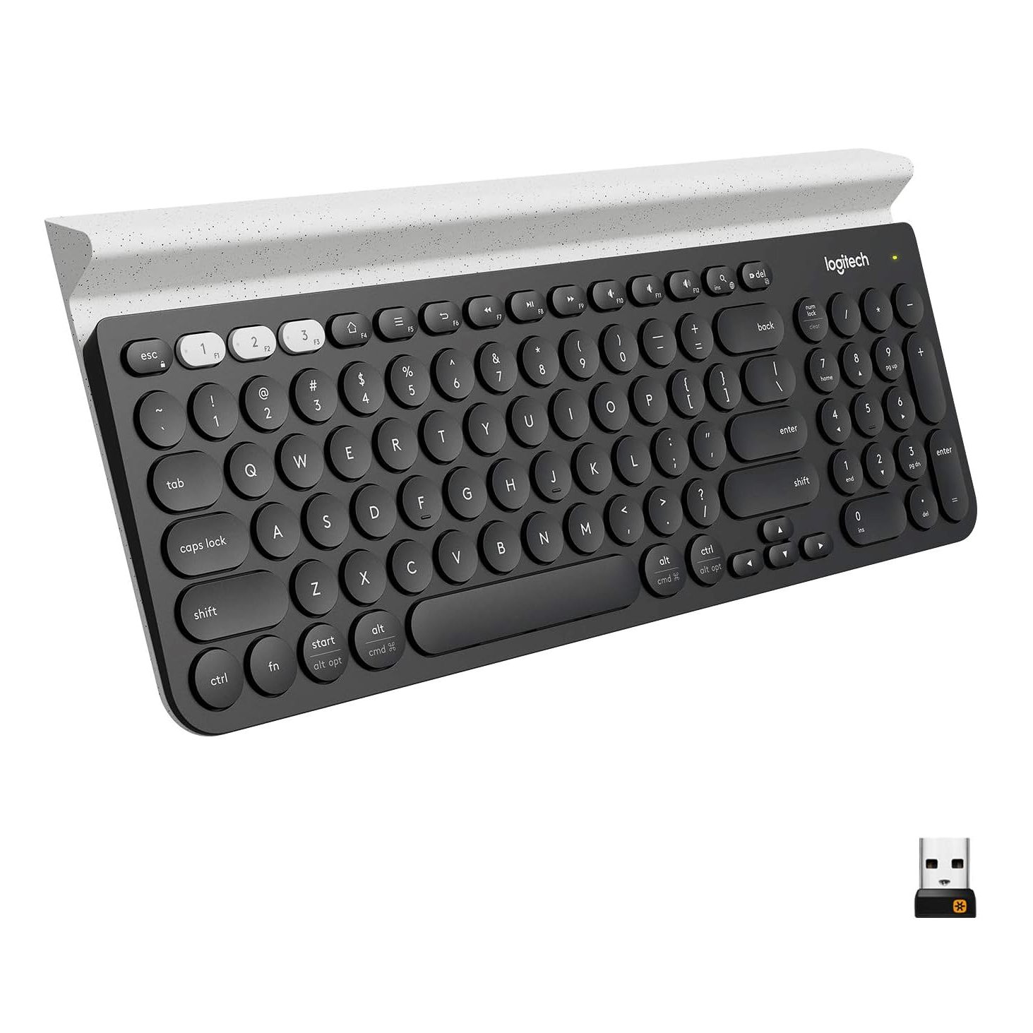 Logitech K780 Multi-Device Wireless Keyboard with built-in stand and multi-device support.