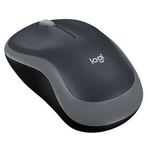 Logitech M185 Wireless Mouse in black with a compact design.