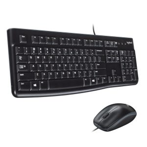 Logitech MK120 Wired Keyboard and Mouse Combo with spill-resistant design and quiet keys.