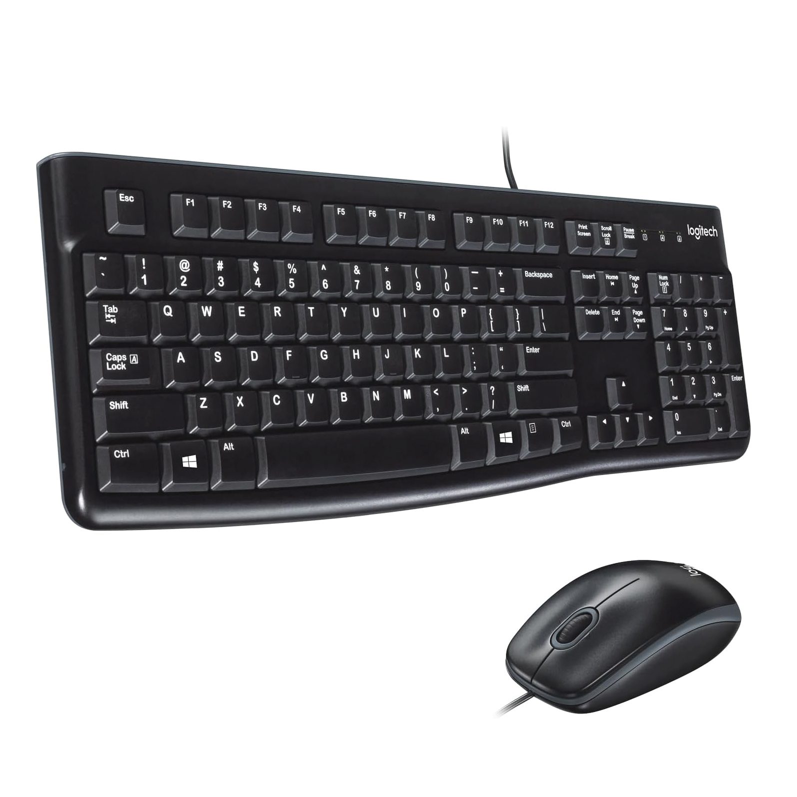 Logitech MK120 Wired Keyboard and Mouse Combo with spill-resistant design and quiet keys.
