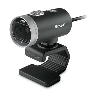 Microsoft LifeCam Cinema 720p HD webcam with noise-cancelling microphone for video calls.