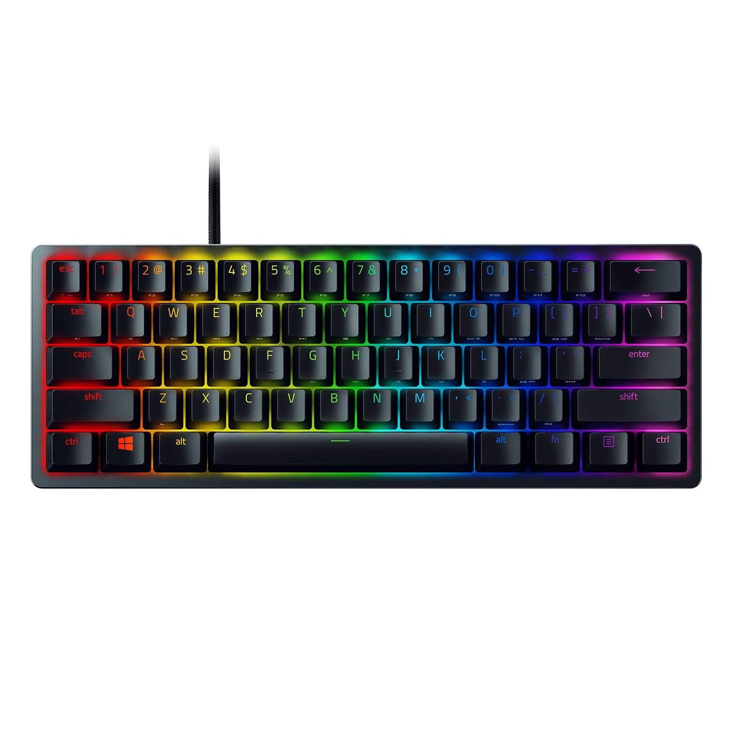 Razer Huntsman Mini 60% mechanical gaming keyboard with Razer Optical switches, Chroma RGB lighting, and PBT keycaps, designed for performance and portability.