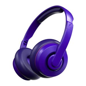 Skullcandy Cassette On-Ear Wireless Headphones in Purple with 22-Hour Battery, Microphone, and Collapsible Design.
